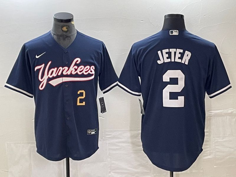 Men New York Yankees #2 Jeter Dark blue Second generation joint name Nike 2024 MLB Jersey style 2